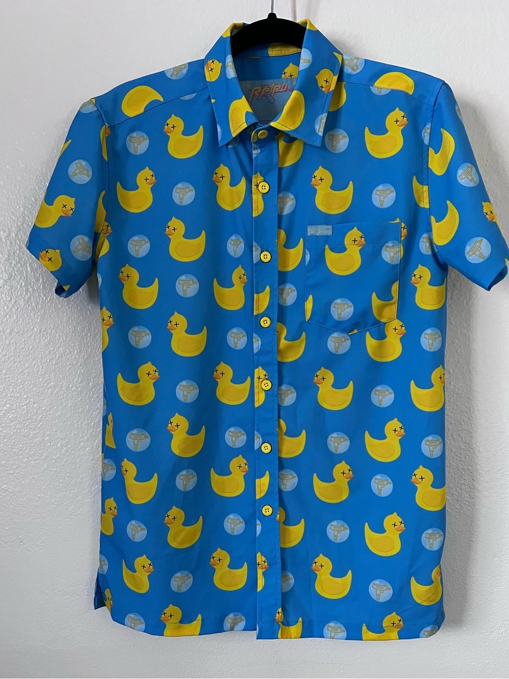 Retro Killer Duck Blue and Yellow Rubber Duck Button Down Shirt 
Size S